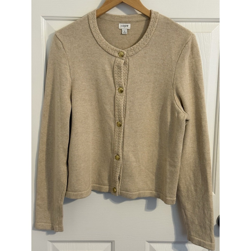 J.Crew Tan Cardigan Sweater Preppy Acadamia classy size L Cotton Gold Button